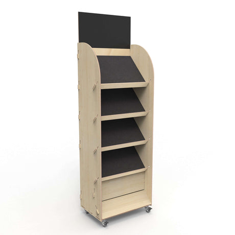 Fahrbarer Prospektständer aus Holz (A4) mit einfachem Stecksystem. Ideal für Messen, da er flach transportiert werden kann.
