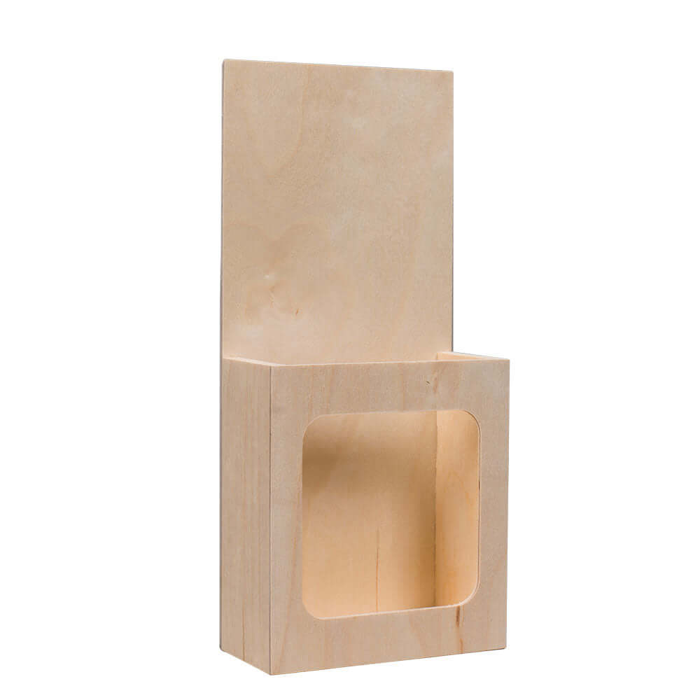 Praktische, selbstklebende Flyerbox aus Holz im Hochformat mit einer Füllbreite von 60 mm.