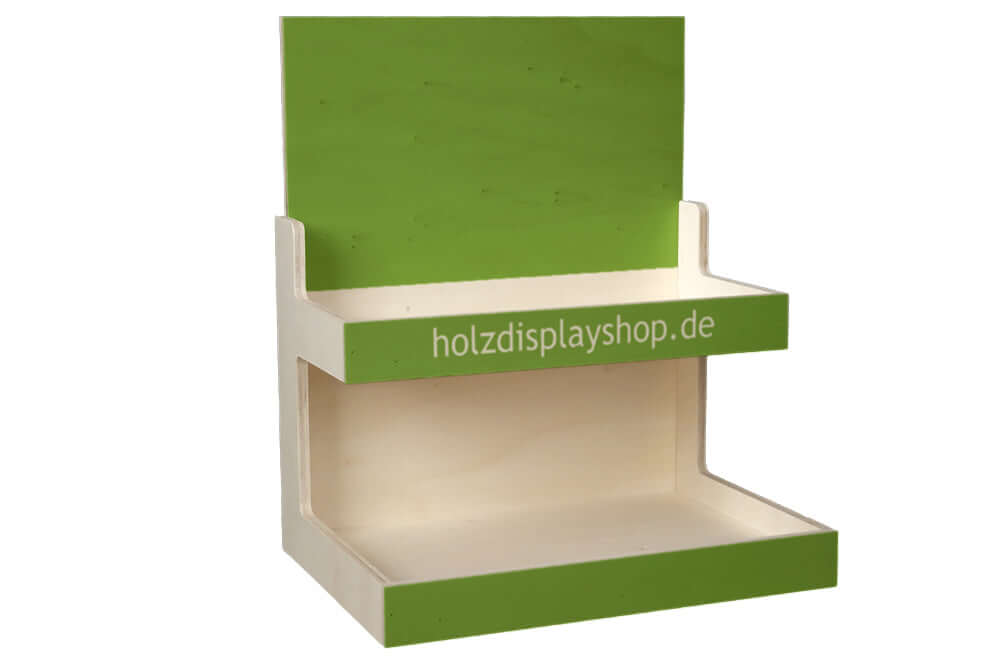 Individuell gestaltbares Thekendisplay aus Holz mit zwei Etagen, online mit eigenem Logo bedruckbar.