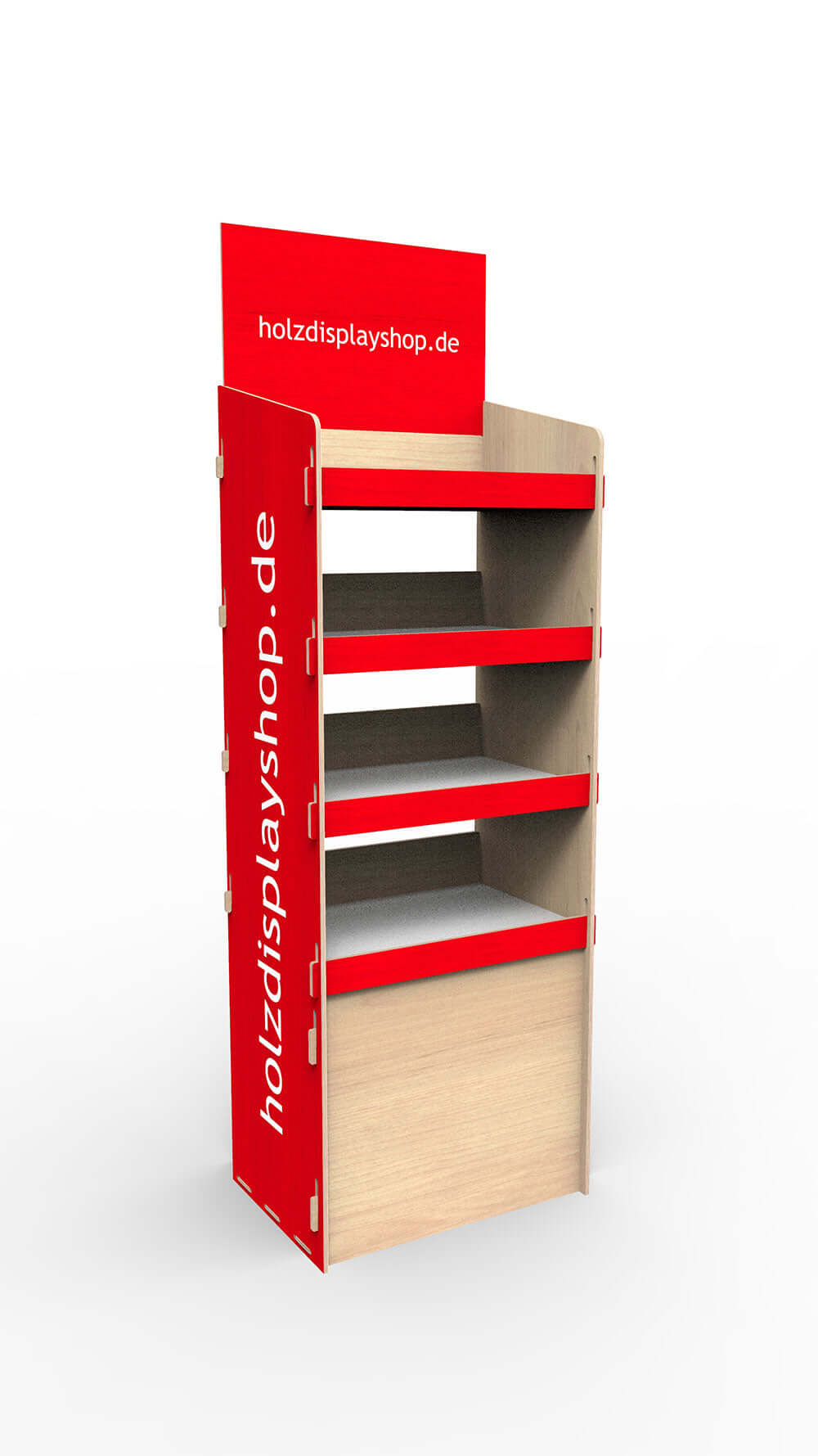 Stabiles Holz-Steckdisplay mit Flächen zum Bedrucken. Passend für Viertel-Chep-Palette mit vier Fachböden, ideal als Verkaufsregal am Point of Sale.
