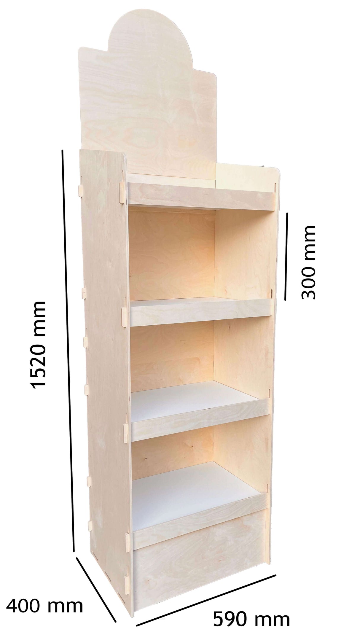 Bedrucktes Verkaufsdisplay aus Birkenholz mit stabiler Rückwand und 360mm Raster, einfach und werkzeuglos steckbar.