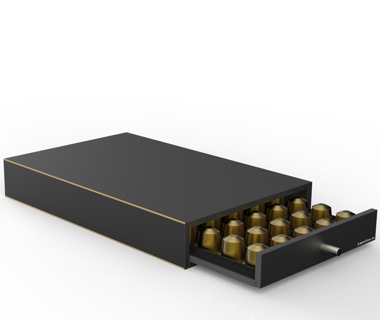 Kompakter Kapselhalter aus schwarzem MDF-Holzwerkstoff mit einer Schublade für 50 Nespresso-Kapseln.