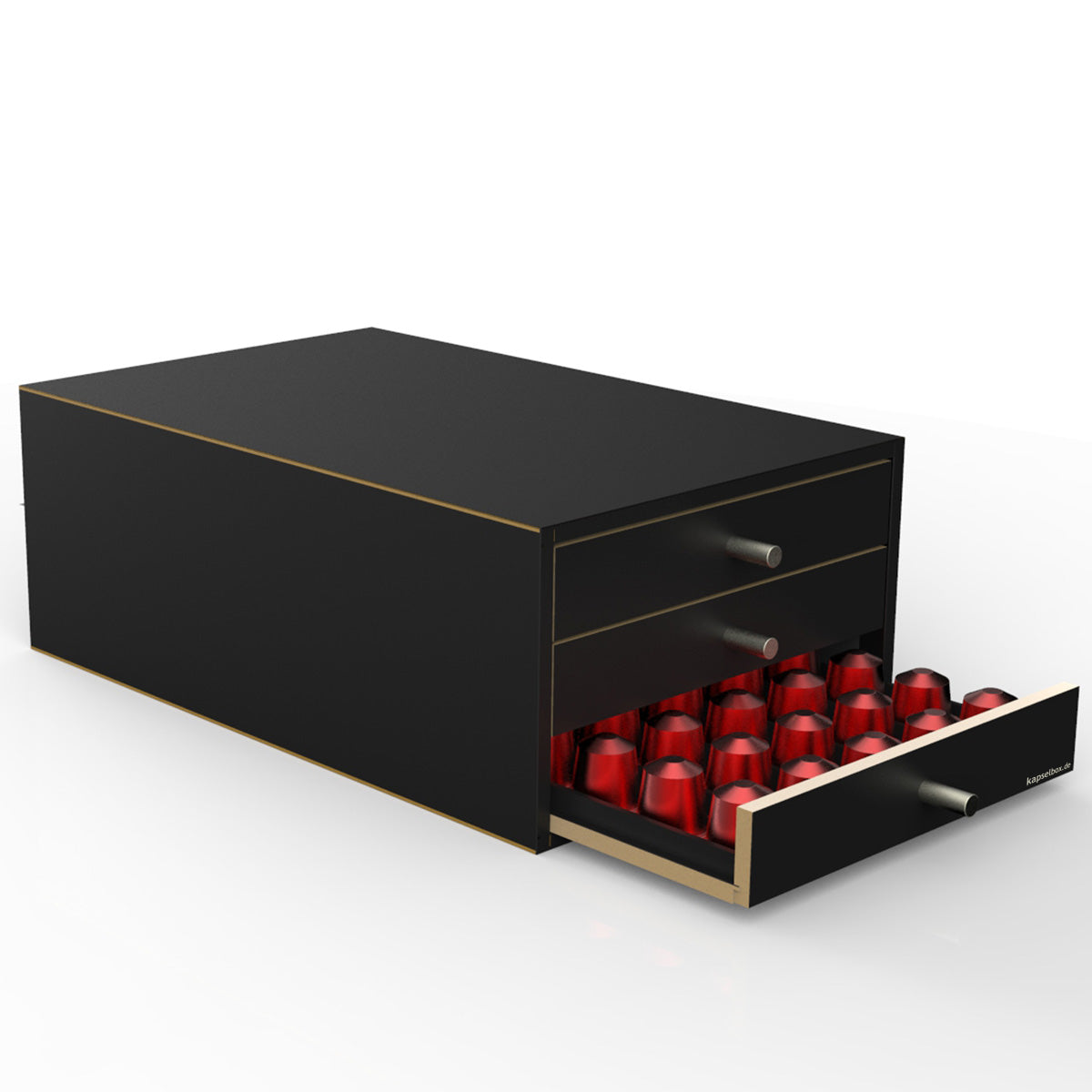 Elegante Kapselbox in schwarzer Holz-Optik mit drei Schubladen für bis zu 150 Nespresso-Kapseln.