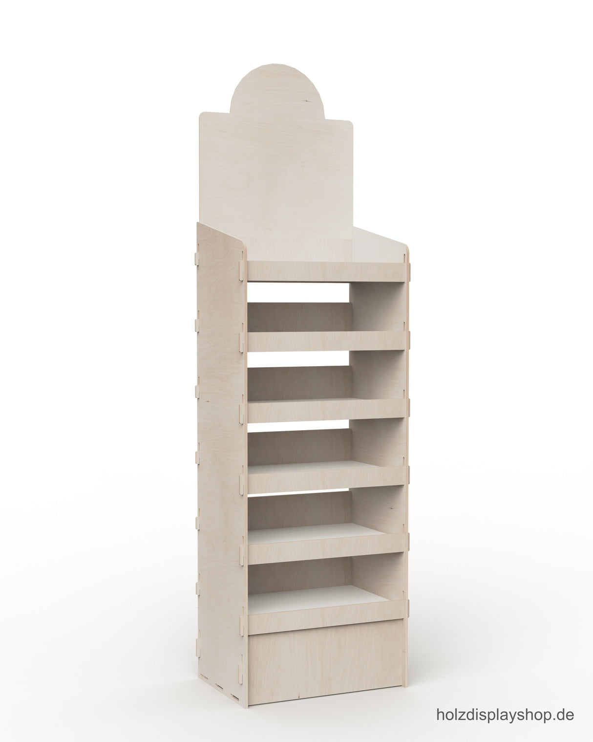 Holz-Steckdisplay aus Birke mit sechs Fachböden und offener Rückwand, ideal für Gläser und Dosen. Topschild mit Bogen, bedruckbar, passend für Viertel-Chep-Palette als Verkaufsregal am Point of Sale.