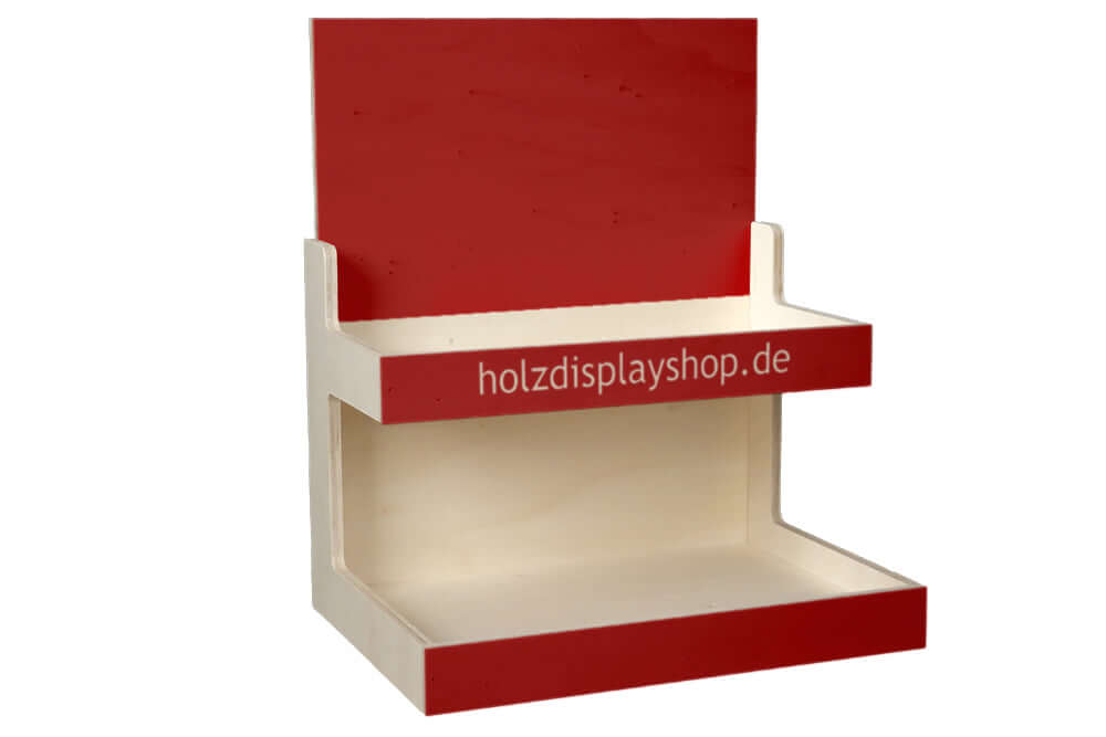 Individuell gestaltbares Thekendisplay aus Holz mit zwei Etagen, online mit eigenem Logo bedruckbar.