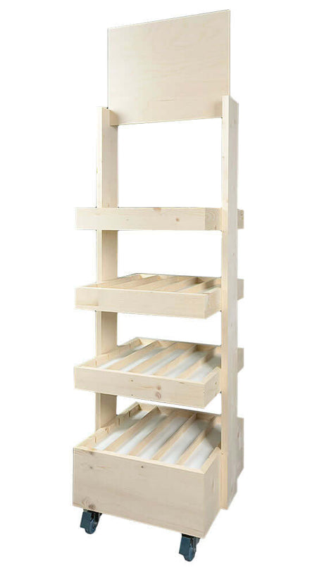 Kompaktes Mini-Verkaufsregal aus Holz, perfekt als Thekendisplay für Gewürze, Dosen oder kleine Flaschen.