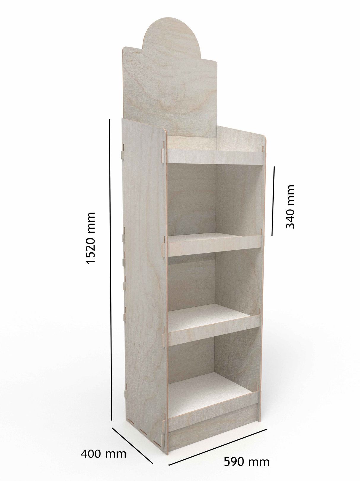 Großes, bedrucktes Verkaufsdisplay aus Holz mit Rückwand und 400mm Raster, ideal für den Point of Sale.