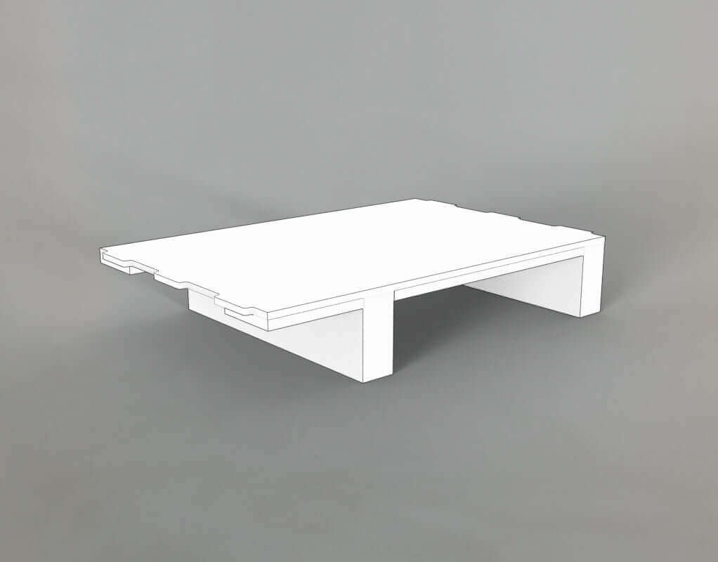 Praktische, unterfahrbare Sockelplatte im Viertel-Chep-Format als stabiler Unterbau für unsere steckbaren Verkaufsdisplays.