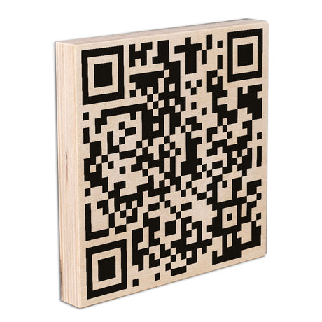 Druck auf Holz 300 mm mit Logo und QR-Code auf Birke-Multiplex
