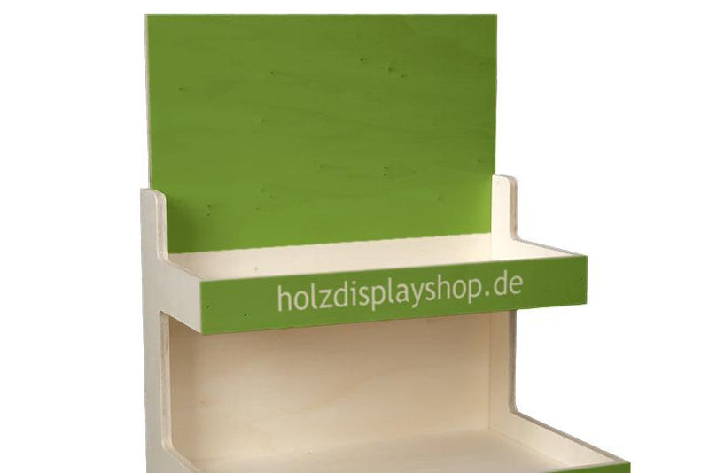 Holzthekendisplay mit 2 Böden Personalisierung Holz Druck möglich holzdisplayshop Faller konzept