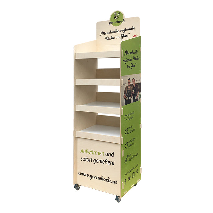 Holzdisplay Holz Steckdisplay individuell bedruckbar optional mit Rollen oder mit 1/4 Chep PaletteFaller konzept holzdisplayshop