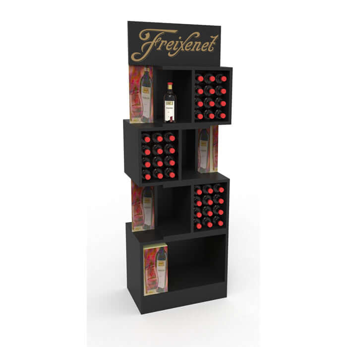 holzdisplay Weindisplay edel elegant in schwarz mit Schrift in gold Modularer Aufbau liegende Flaschen-Langzeit Display von Faller konzept holzdisplayshop