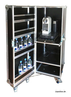 Mobiler Kaffeewagen im robusten Flight-Case-Design, perfekt als mobile Kaffeebar für Events und Messen.