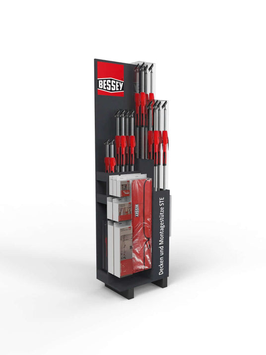 POS Holz Display für Werkzeuge am Beispiel Schraubzwingen von Bessey in schwarz mit Logodruck und weißer Schrift für Baumärkte und Werkzeughändler, Entwurf und Konzeption Faller konzept holzdisplayshop