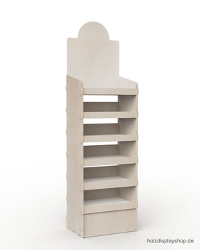 Holz-Steckdisplay aus Birke mit sechs Fachböden und offener Rückwand, ideal für Gläser und Dosen. Topschild mit Bogen, bedruckbar, passend für Viertel-Chep-Palette als Verkaufsregal am Point of Sale. 
