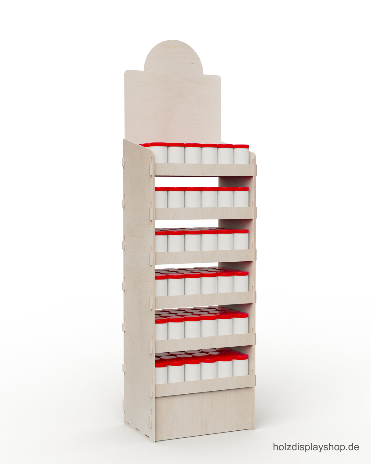 Holz-Steckdisplay mit sechs Fachböden, befüllt mit Gläsern und Dosen als Anwendungsbeispiel, max 156 mm lichte Höhe, vordere Blenden aus Birke, Verkaufsaufsteller für den Point of Sale.