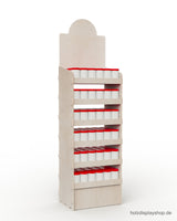 Holz-Steckdisplay mit sechs Fachböden, befüllt mit Gläsern und Dosen als Anwendungsbeispiel, max 156 mm lichte Höhe, vordere Blenden aus Birke, Verkaufsaufsteller für den Point of Sale.