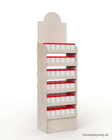 Holz-Steckdisplay mit sechs Fachböden, befüllt mit Gläsern und Dosen als Anwendungsbeispiel, max 156 mm lichte Höhe, vordere Blenden aus Birke, Verkaufsaufsteller für den Point of Sale.