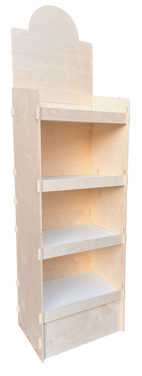 Bedrucktes Verkaufsdisplay aus Birkenholz mit stabiler Rückwand und 360mm Raster, einfach und werkzeuglos steckbar.