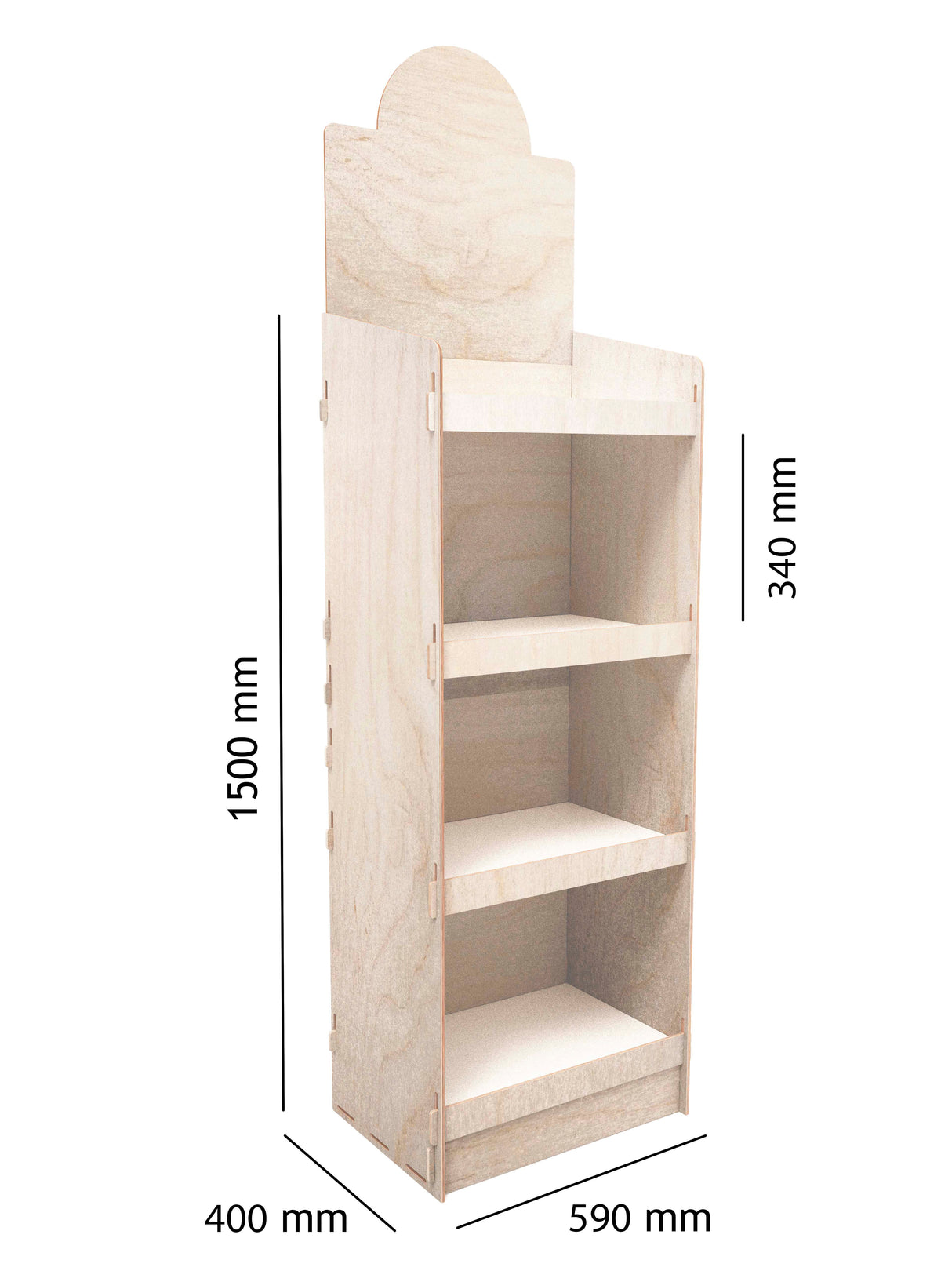 Großes, bedrucktes Verkaufsdisplay aus Holz mit Rückwand und 400mm Raster, ideal für den Point of Sale.