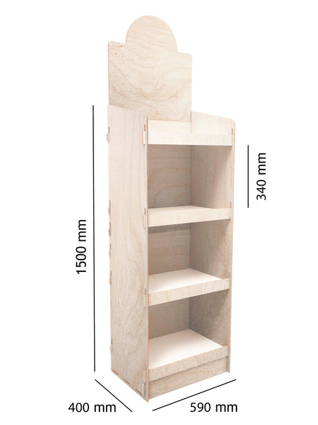 Großes, bedrucktes Verkaufsdisplay aus Holz mit Rückwand und 400mm Raster, ideal für den Point of Sale.