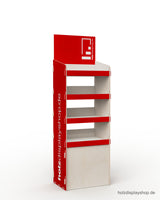 Stabiles Holz-Steckdisplay mit Flächen zum Bedrucken. Passend für Viertel-Chep-Palette mit vier Fachböden, ideal als Verkaufsregal am Point of Sale.
