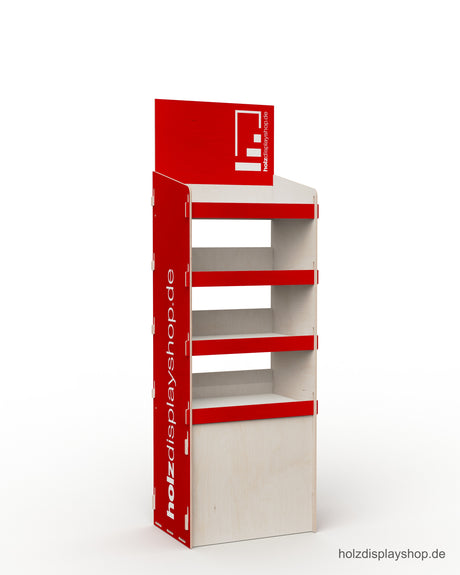 Stabiles Holz-Steckdisplay mit Flächen zum Bedrucken. Passend für Viertel-Chep-Palette mit vier Fachböden, ideal als Verkaufsregal am Point of Sale.