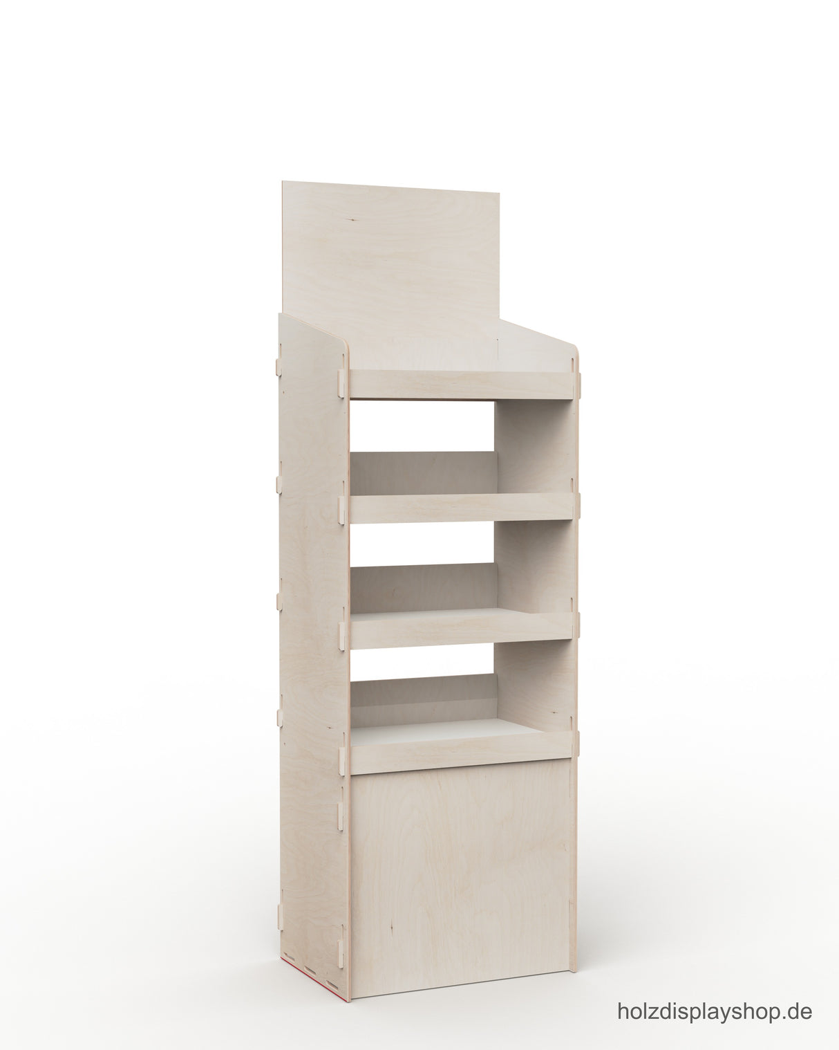 Stabiles Holz-Steckdisplay mit Flächen zum Bedrucken. Passend für Viertel-Chep-Palette mit vier Fachböden, ideal als Verkaufsregal am Point of Sale.