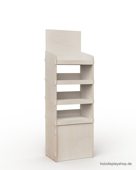 Stabiles Holz-Steckdisplay mit Flächen zum Bedrucken. Passend für Viertel-Chep-Palette mit vier Fachböden, ideal als Verkaufsregal am Point of Sale.