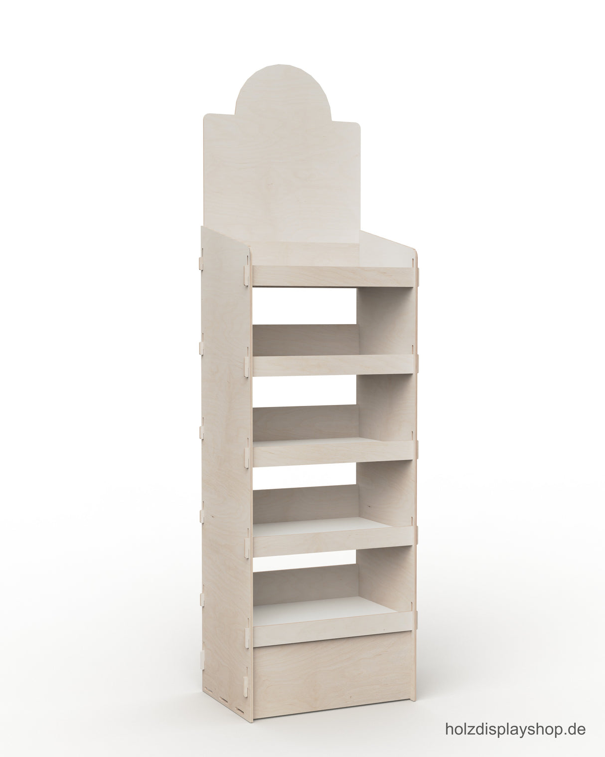 Holz-Steckdisplay mit fünf Fachböden und offener Rückwand zum Bedrucken, Topschild mit Bogen, passend für Viertel-Chep-Palette, als Verkaufsregal am Point of Sale.