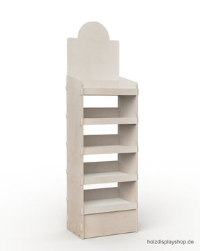 Holz-Steckdisplay mit fünf Fachböden und offener Rückwand zum Bedrucken, Topschild mit Bogen, passend für Viertel-Chep-Palette, als Verkaufsregal am Point of Sale.
